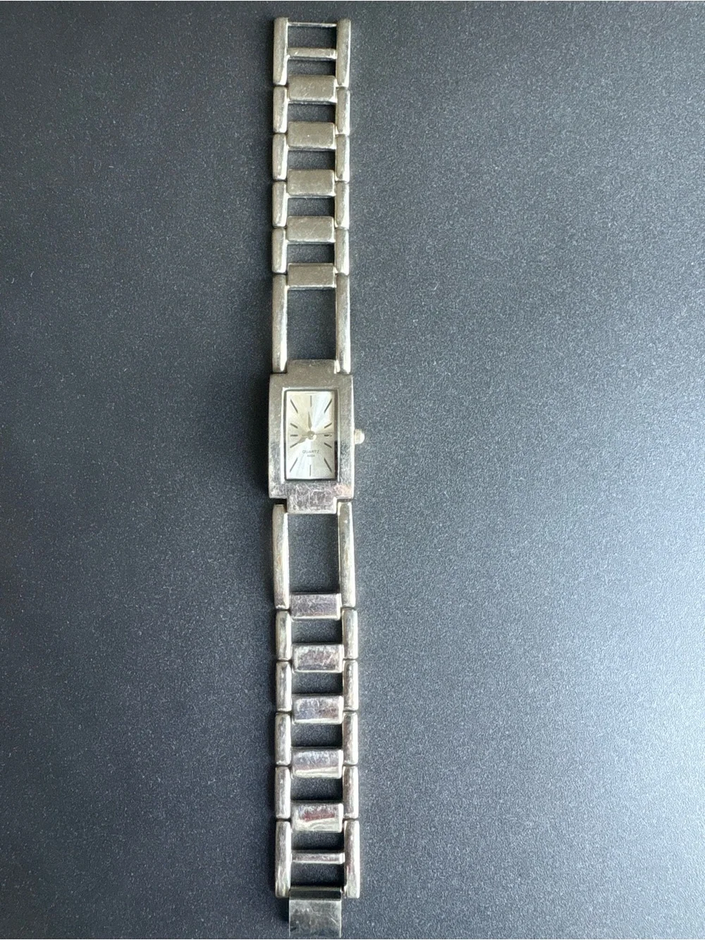 Silver Rectangular Face Quartz Bracelet Watch measurements shown non running